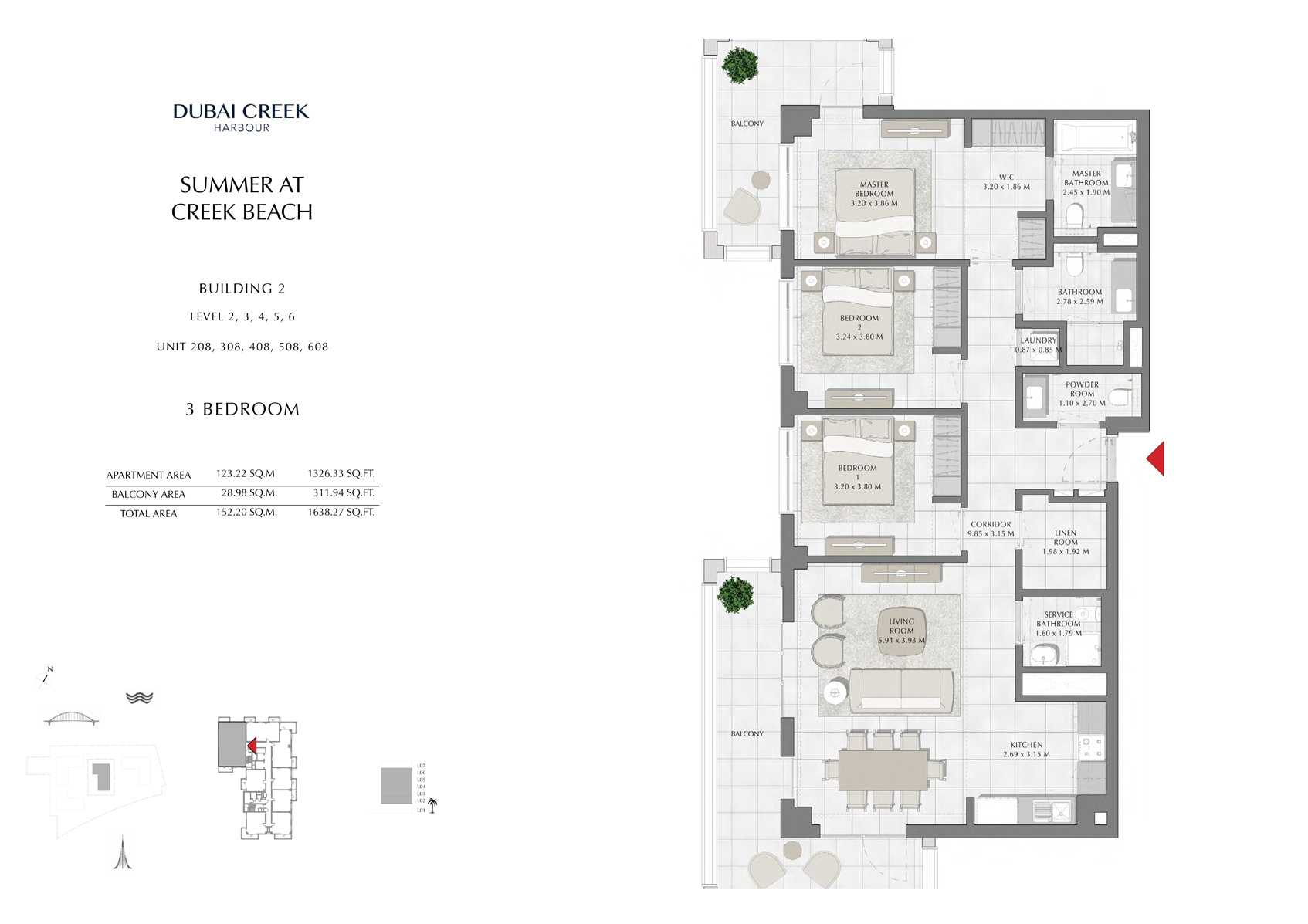 3 Br Building 2 Level-2-3-4-5-6 Unit-208-308-408-508-608, Size 1638 Sq Ft